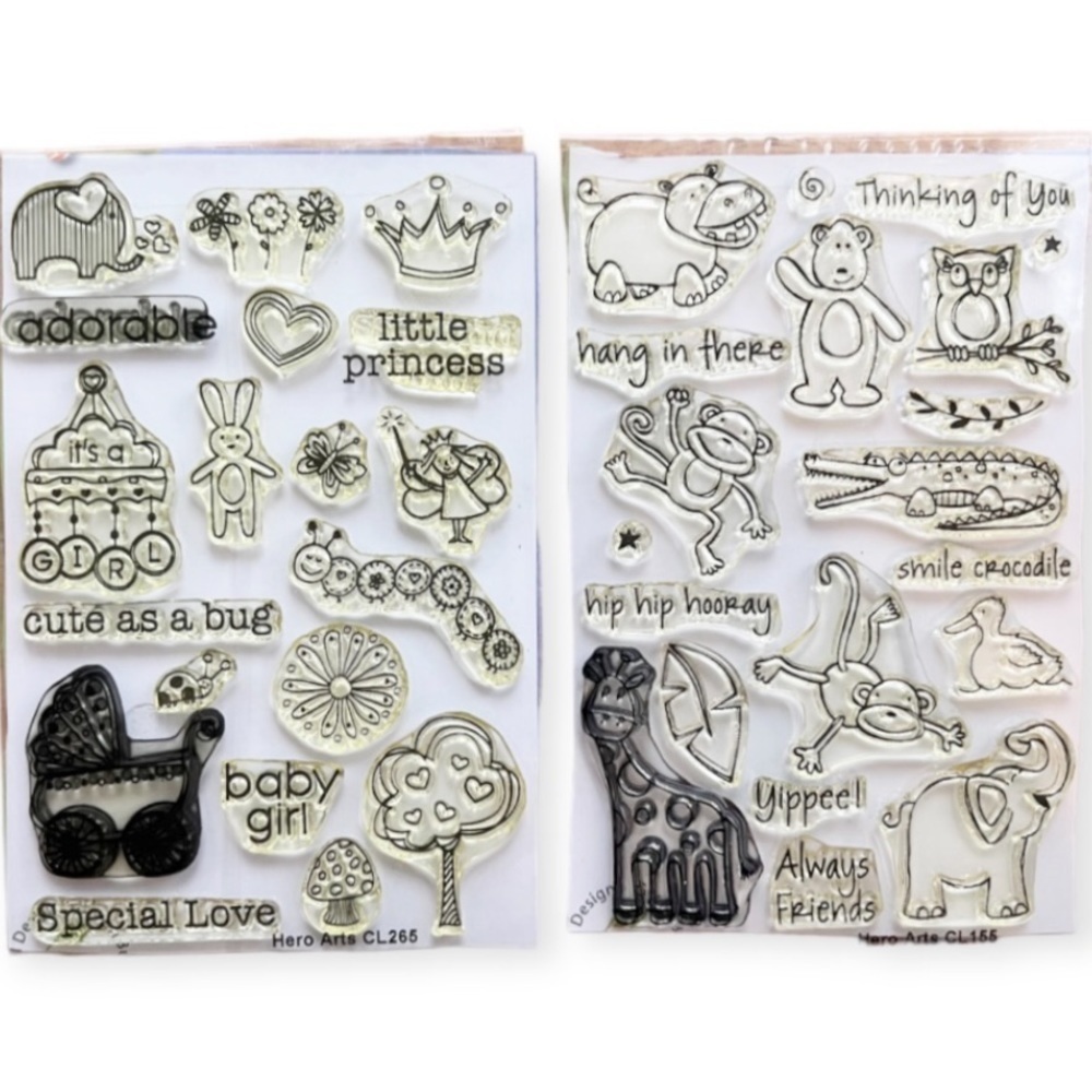 Hero Arts Set of 2 Acrylic Stamp Sets Adorable Baby Girl Playful Animals